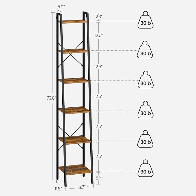Ladder Shelf, Bookshelf Bookcase, Freestanding Corner Storage Shelve with 2 Hooks for Home Office, Living Room, Kitchen, Bedroom, Industrial, 6-Tier Rustic Brown BC13301B