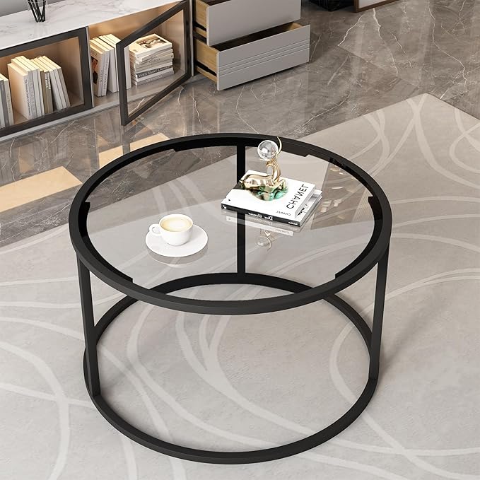 Round Coffee Table,Small Black Coffee Table for Living Room,27" Modern Center Table,Glass Top Clear Coffee Table with Sturdy Metal Frame for for Living Room Home Office, Easy Assembly,Black