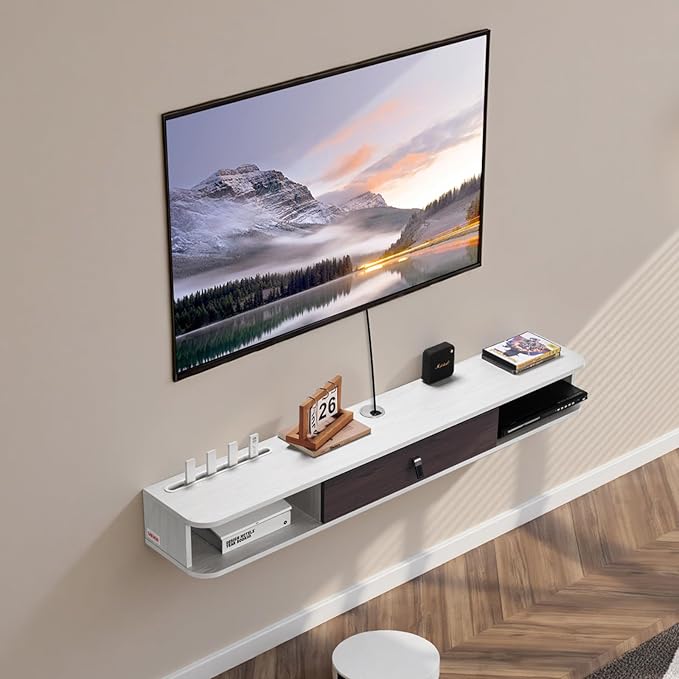 VEVOR Floating TV Stand, 55'' Under TV Shelf Wall Mounted Floating TV Console Modern Entertainment Center with Storage Cabinet, for Bedroom & Living Room, White