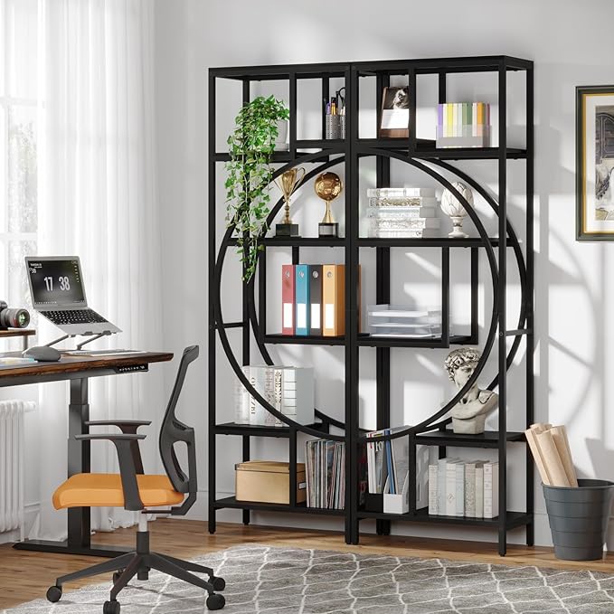 Geometric Bookshelf, 70.9" Tall Bookcase with 7-Shelf Open Shelves, Wood Metal Book Shelf Display Rack Storage Shelving Unit for Office, Bedroom, Living Room, Easy Assembly, Black