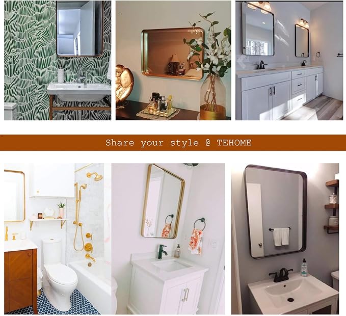 TEHOME 24x36 Brushed Gold Metal Framed Bathroom Mirror for Wall in Stainless Steel Rounded Rectangular Bathroom Vanity Mirrors Wall Mounted