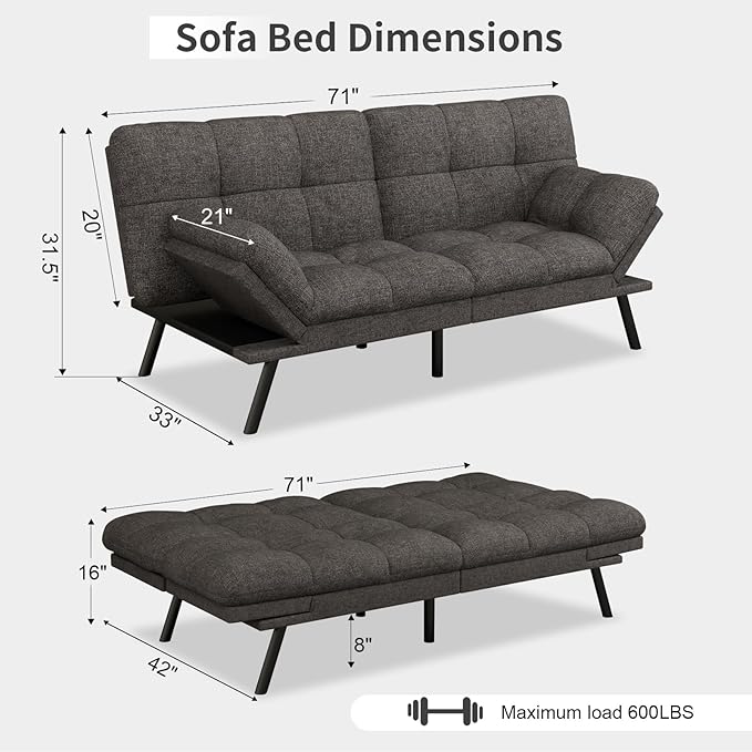 Vipbear Futon Sofa Bed Couch, 71" Convertible Sofa Bed, Space-Saving Loveseat with Adjustable Backrest & Armrest for Living Room,Apartment,Office,Pure Grey Sleeper Sofa