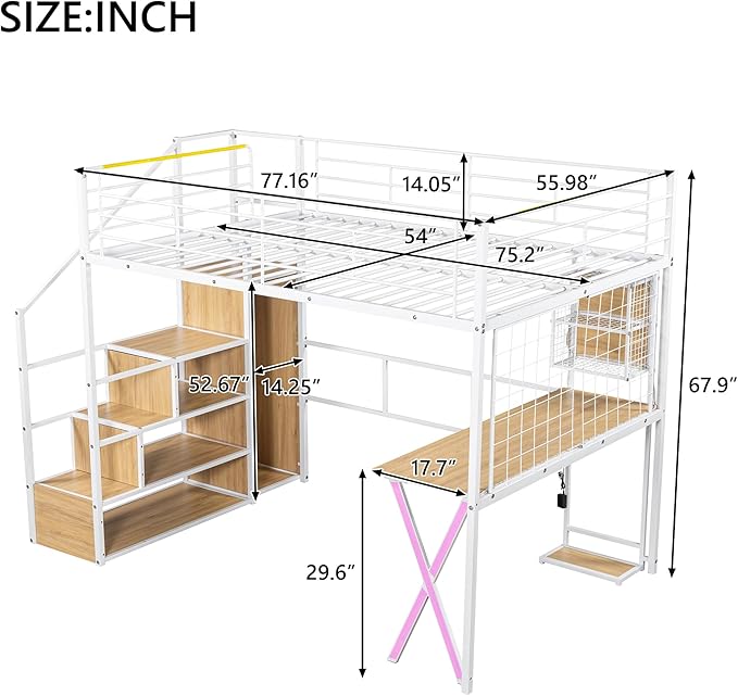 Merax Full Size Metal Loft Bed with Built-in Work Station, Wardrobe, Storage Staircase and LED, Gaming Bed for for Kids Teens Adults, Full-Length Guardrails, No Box Spring Needed, White