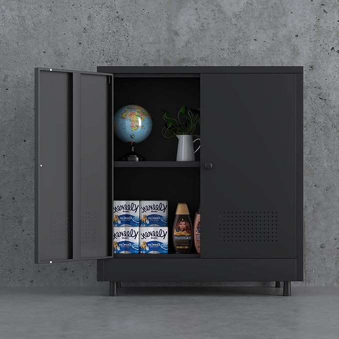 Metal Storage Cabinet with 2 Doors and Adjustable Shelf, Steel Accent Sideboard Buffet Cabinet for Home, Office, Garage, Entryway, Living Room, Kitchen Pantry and Dining Room (Black)