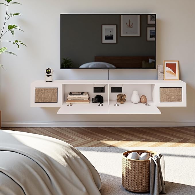 Pmnianhua Boho Floating TV Stand 70", Modern Wall Mounted Media Console with Cotton-Rayon Doors for Under TV Shelf,Entertainment Center,Living Room,Bedroom(White)