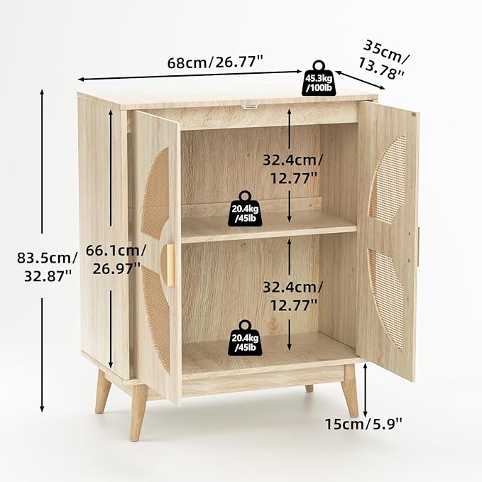 Buffet Cabinet with Storage Sideboard Accent Modern Credenza with Doors & Shelves 32.9" Rattan Media Console Mid Century Coffee Bar Table for Living Room Kitchen Dining Room Hallway