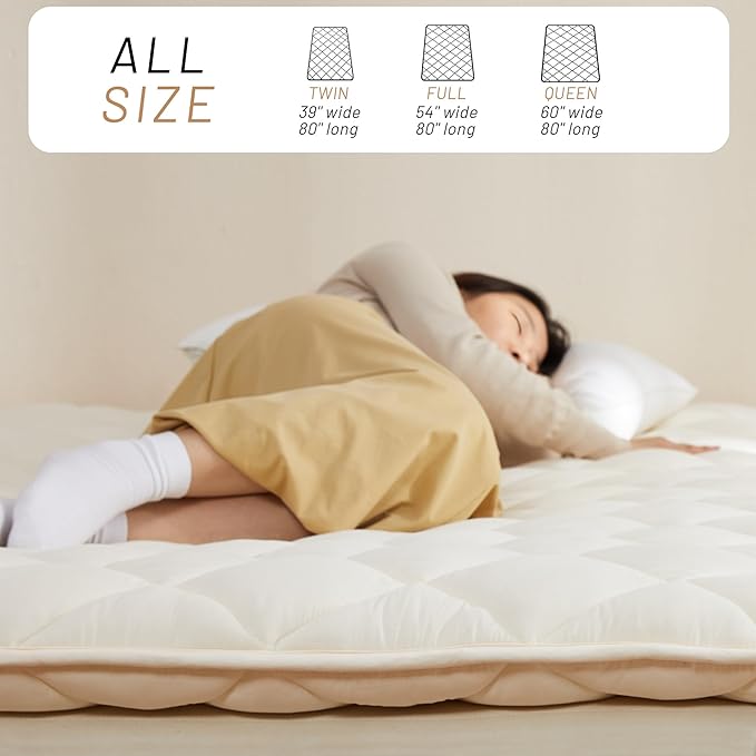 Japanese Floor Futon Mattress, Tatami Mat Sleeping Pad, Shikibuton, Mattress Topper, Boys Girls Roll Up Dormitory Mattress, Foldable & Portable Floor Lounger Bed, Guest Bed (Cream, Full)