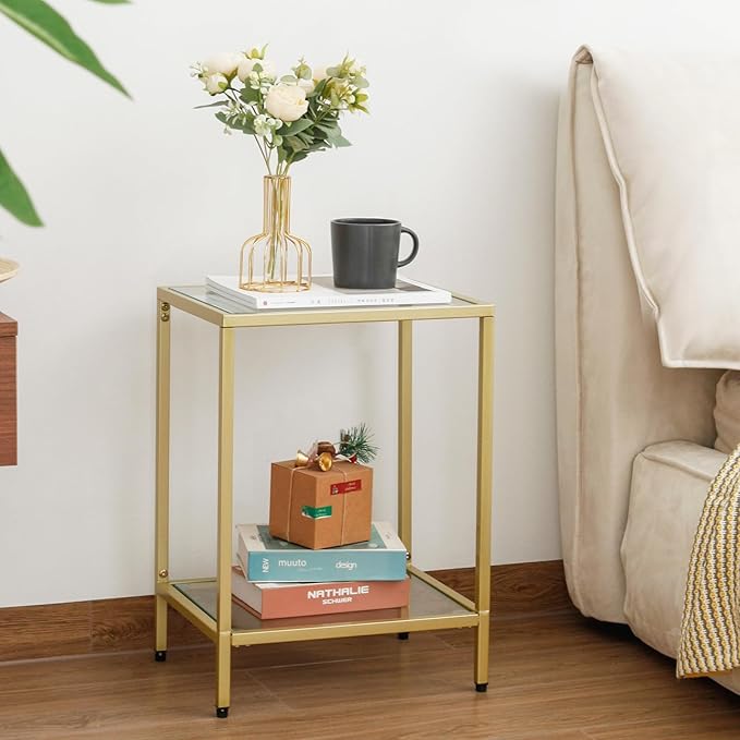 Modern 2-Tier Tempered Glass End Table - Stylish Black Metal Side Table for Small Spaces, Perfect for Living Room & Bedroom (Gold, 1PCS)