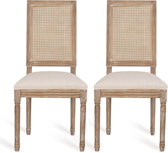 Merax Upholstered Solid Wood Dining Chairs Set of 2, French Country Style Accent Side Seating Furniture for Kitchen, Living Room, Wicker Back, Beige