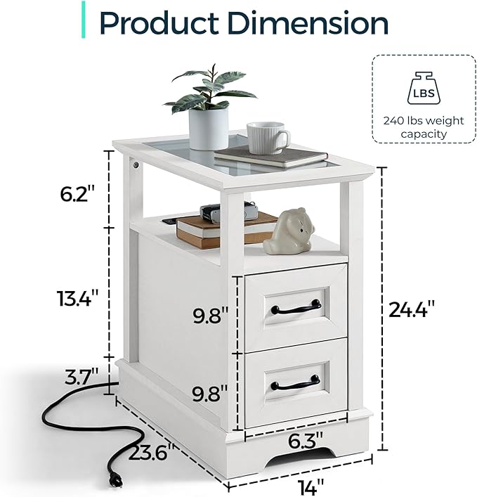 LINSY HOME Narrow End Table with Charging Station, Side Table with Glass Top, Open Shelf, and 2 Drawers, Small Sofa Table with Storage for Living Room, White
