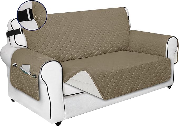 PureFit Reversible Sofa Cover Water Resistant Loveseat Couch Cover, Machine Washable Furniture Cover with Non-Slip Foam and Adjustable Strap for Dogs, Pets (Loveseat, Beige/Ivory)
