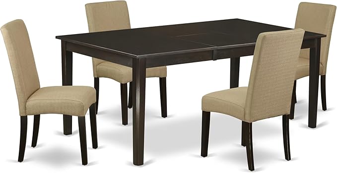 East West Furniture HEDR5-CAP-03 5 Piece Dining Room Furniture Set Includes a Rectangle Dining Table with Pedestal and 4 Brown Linen Fabric Parsons Chairs, 42x72 Inch, Cappuccino
