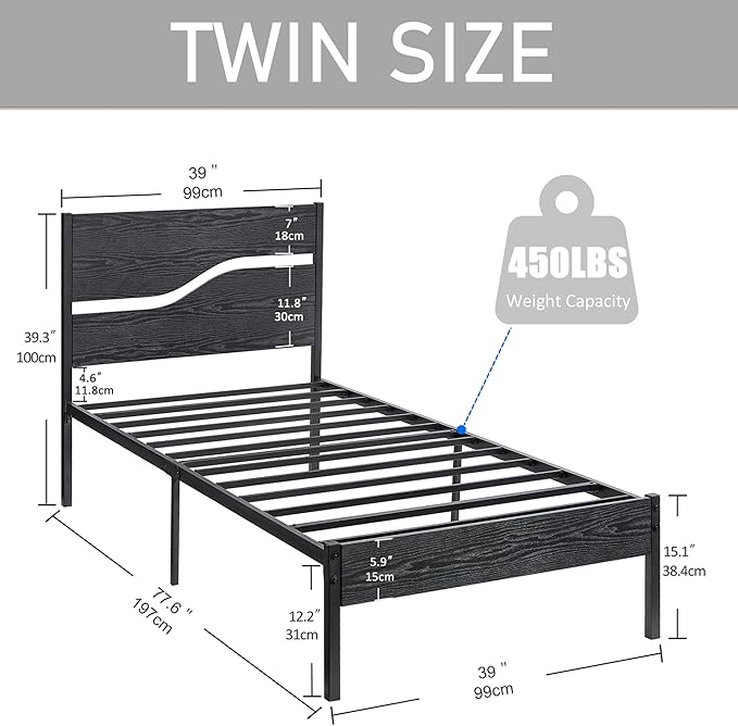 VECELO Twin Size Bed Frame with Wood Headboard and Footboard, 14 Inch Platform/No Box Spring Needed, Heavy Duty Support, Easy Assembly