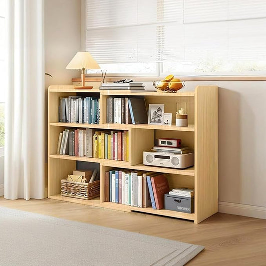 Wooden Extendable Bookcase,Open Low Bookshelf, 4-Shelf Storage Unit, Freestanding Bookcase for Small Spaces or Corners, Stylish Shelves for Living Room and Office (Wood Color, L)