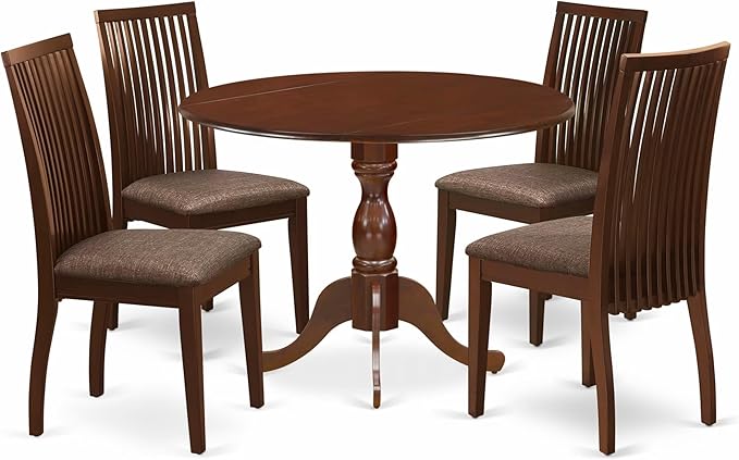 East West Furniture DMIP5-MAH-C 5 Piece Kitchen Table & Chairs Set Includes a Round Dining Room Table with Dropleaf and 4 Linen Fabric Upholstered Chairs, 42x42 Inch, Mahogany