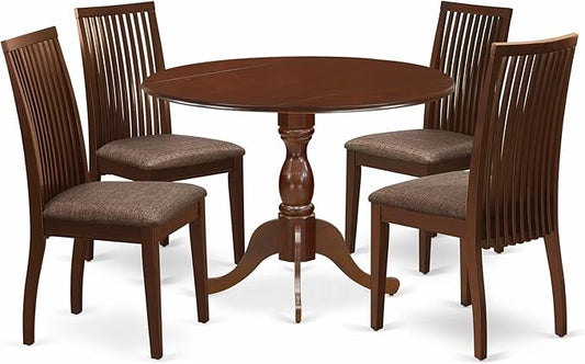 East West Furniture DMIP5-MAH-C 5 Piece Kitchen Table & Chairs Set Includes a Round Dining Room Table with Dropleaf and 4 Linen Fabric Upholstered Chairs, 42x42 Inch, Mahogany