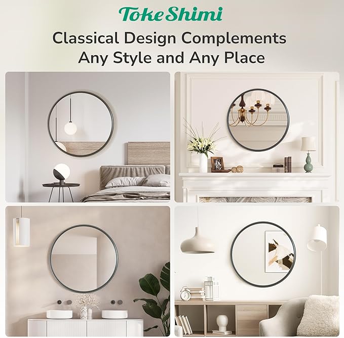 TokeShimi 18 in Round Framed Black Mirror for Bathroom, Shatterproof Circle Bathroom Vanity Mirror, 18x18 Round Wall Mirrored Farmhouse Metal for Living Room, Entryway, Bedroom, Restroom, Vanity