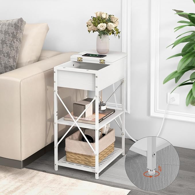 Narrow End Table with Charging Station, Side Tables Set of 2 for Small Spaces, Flip Top End Table with Storage, End Tables Living Room, Nightstand Set 2 with Drawer for Bedroom, White