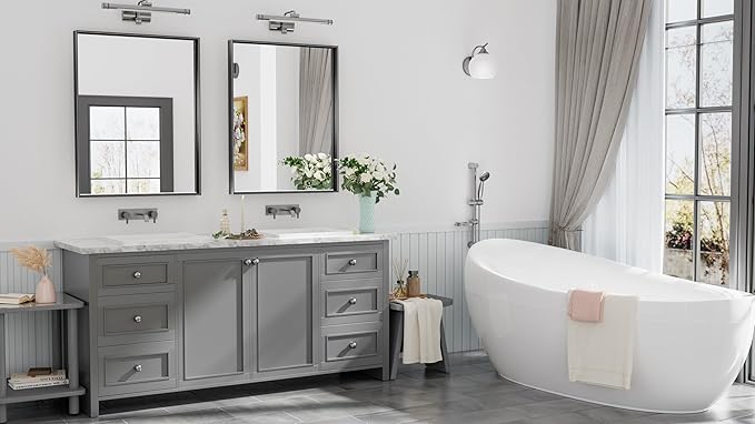 Keonjinn Black Bathroom Vanity Mirror 28 x 36 Inch Rectangle Wall Mirror Metal Framed Farmhouse Mirror Brushed Square Corner Bathroom Mirror for Over Sink, Modern Black Mirror(Horizontal/Vertical)