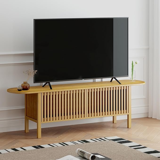 HollyHOME Bamboo TV Stand with Storage for TVs up to 65", Modern Entertainment Center with Fence Door, Accent TV Table with 2 Shelf, Media Console TV Stand for Living Room, Bedroom, Burlywood