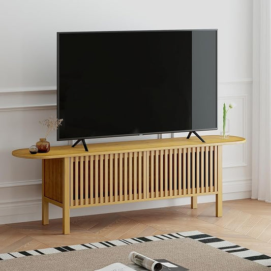 HollyHOME Bamboo TV Stand with Storage for TVs up to 65", Modern Entertainment Center with Fence Door, Accent TV Table with 2 Shelf, Media Console TV Stand for Living Room, Bedroom, Burlywood