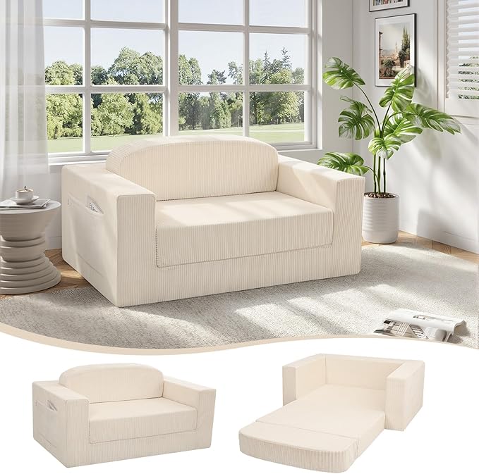 MeMoreCool Convertible Sofa Bed, Pull Out Loveseat Sleeper Sofa Beige, Small Boneless Cloud Couch Bed for Adults, Fold Out Foam Love Seat, Corduroy Folding Floor Couch for Bedroom