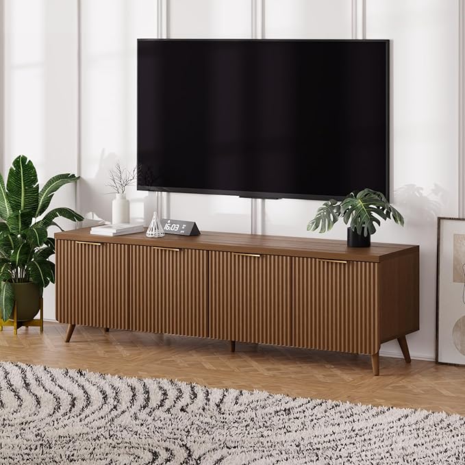 TV Stand for Living Room, Fluted Television Cabinet with 4 Stripe Doors, Modern Entertainment Center for 55/60/65 inch TV, Media Console with Wooden Legs & Metal Handles, Walnut
