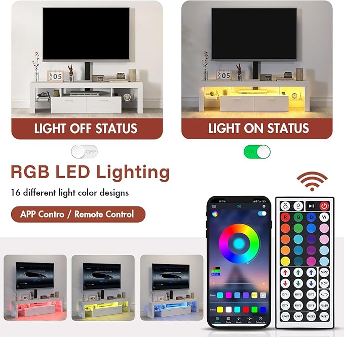 Redkey Modern TV Stand with Mount - TV Console with 2AC Outlets - Television Stands with RGB Led Light for 75 Inch TVs - Double Cabinet - 40°Adjustable Amplitude - White