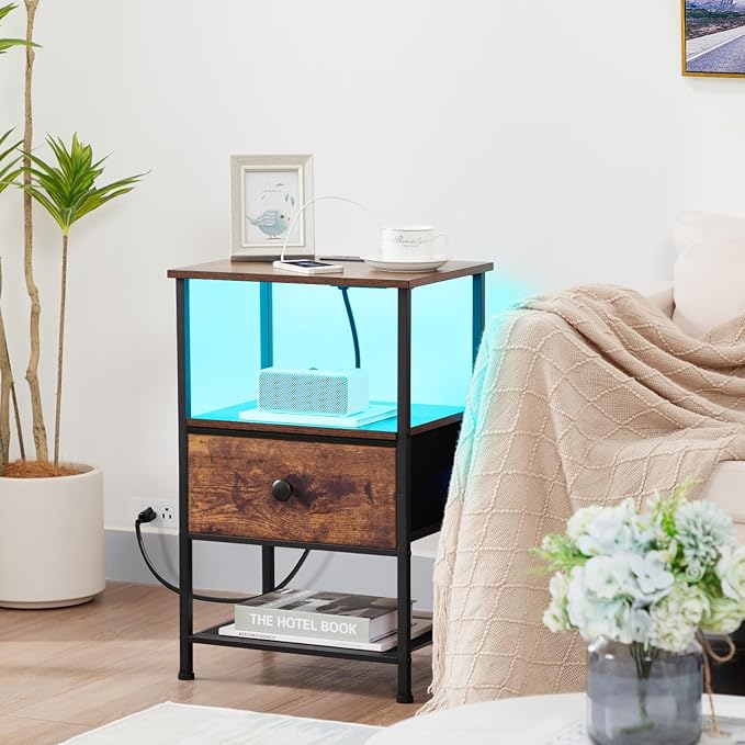 Night Stand Set 2, LED Nightstand with Charging Station, End Tables Living Room with Fabric Drawer for Small Spaces, Side Tables with Storage Shelf for Bedroom, Brown HETS01PBR