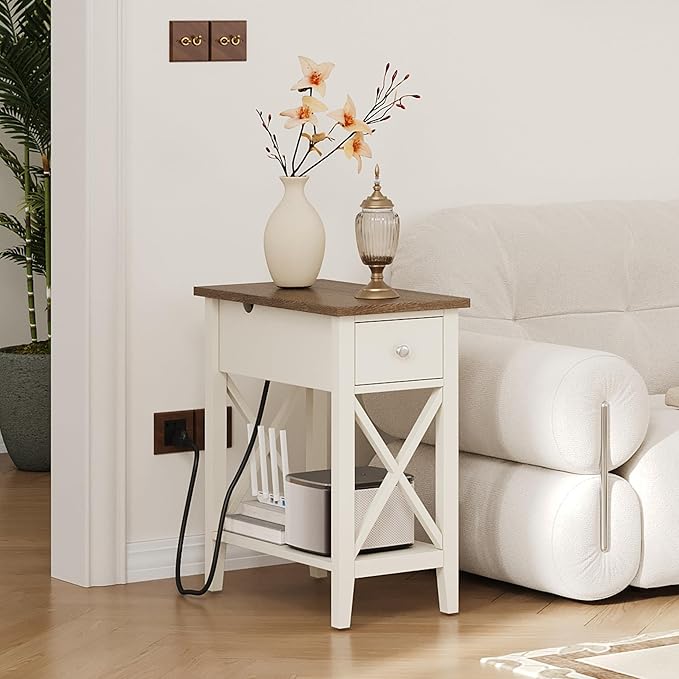 ChooChoo End Table Set of 2 with Charging Station, Narrow End Table with USB Ports and Outlets, Small Side Table Nightstand with Drawer for Living Room, Bedroom, Soft White