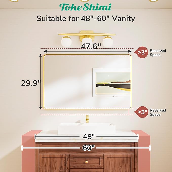 TokeShimi 48x30 Wall Mirror for Bathroom,Brushed Nickel Bathroom Vanity Mirror Modern,Tempered Glass,Large Bathroom Mirror Rectangle,Metal Framed Bathroom Mirror(Horizontal/Vertical)