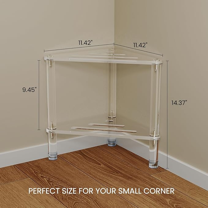 Acrylic Corner Shower Stool for Shaving Legs 11.42" D X 11.42" W X 14.37" H, Triangle Shower Foot Rest with Storage Shelf, Heavy Duty, for Inside Shower,