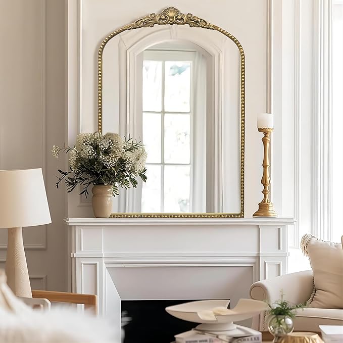 G-LEAF Vintage Baroque Mirror 24"X36", Arched Mantel Victorian Antique Farmhouse Mirror with Black Brush Gold Ornate Metal Frame for Fireplace Entryway Living Room Hallway Bathroom