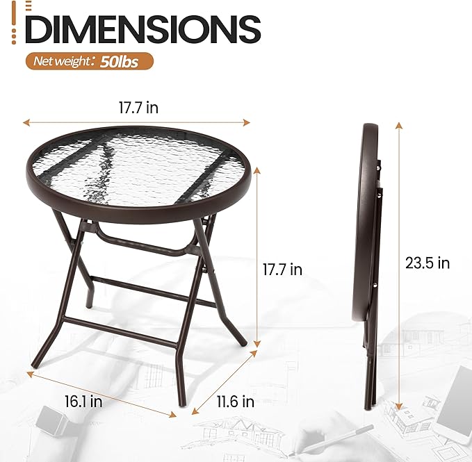 Foldable Side Table with Tempered Glass Top 18" Outdoor Folding Side Table Small Glass Patio Tables for Porch Yard Balcony Deck Lawn Dining Garden (Brown)