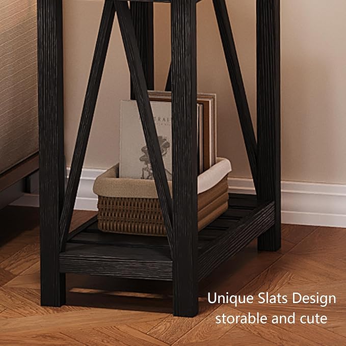 ChooChoo Farmhouse End Table, Narrow Side Table, Slim End Table with Storage Shelf for Small Spaces, Rustic Nightstand, for Living Room, Bedroom Black