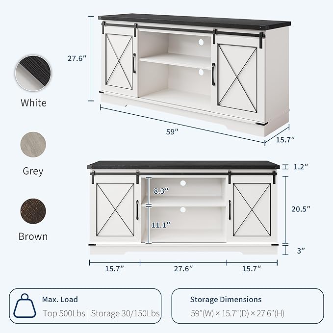 GAOMON Farmhouse 59" TV Stand Up to 65 Inches, Mid Century Modern TV Entertainment Center with Storage Cabinets & Open Shelves, Wood TV Cabinet for Living Room, White