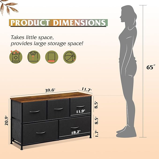 WLIVE Dresser for Bedroom with 5 Drawers, Wide Chest of Drawers, Fabric Dresser, Storage Organizer Unit with Fabric Bins for Closet, Living Room, Hallway, Black and Rustic Brown
