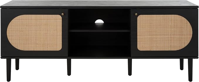 SAFAVIEH Claude TV Stand for up to 65" Flatscreen – Black, 2 Sliding Doors with Interior Storage, 2 Open Shelves, Entertainment Media Console (MED9610B)