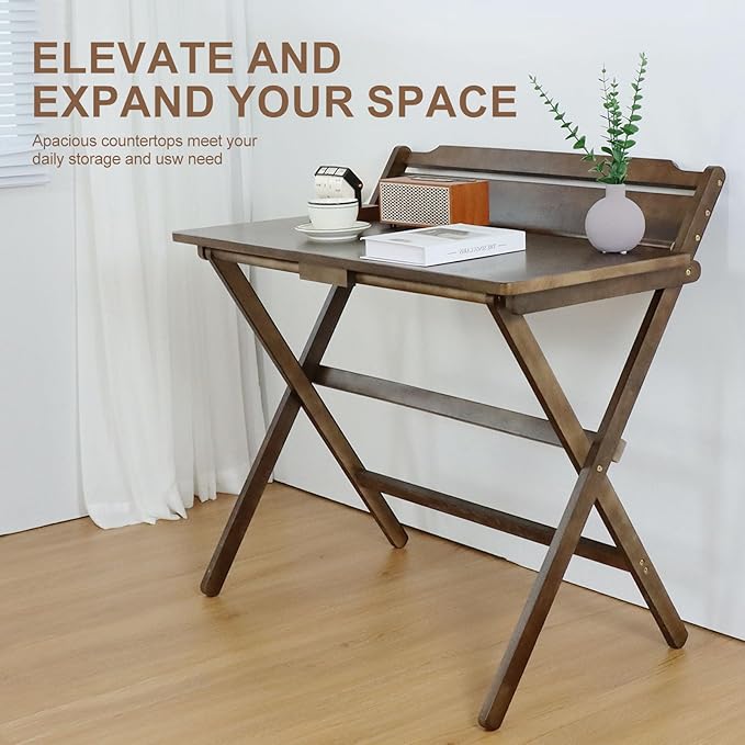 Solid Wood Folding Desk,Foldable Computer Desk with Shelf for Home Office, Space Saving Portable Laptop Study Foldable Table for Small Spaces,Walnut Color
