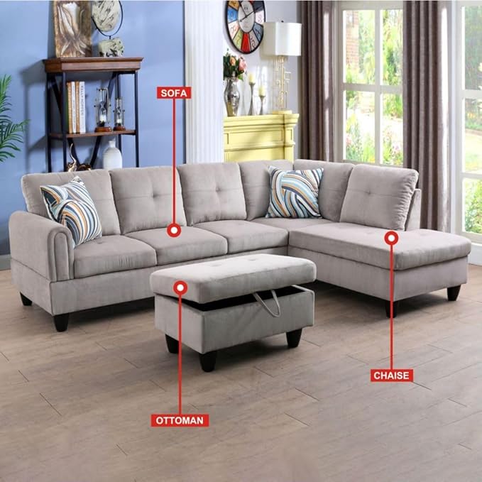 Grey White L-Shaped 3-Piece Corduroy Sofa with Storage Ottoman Set, Sectional Couch Sofa Set for Living Room, Office, Small Space