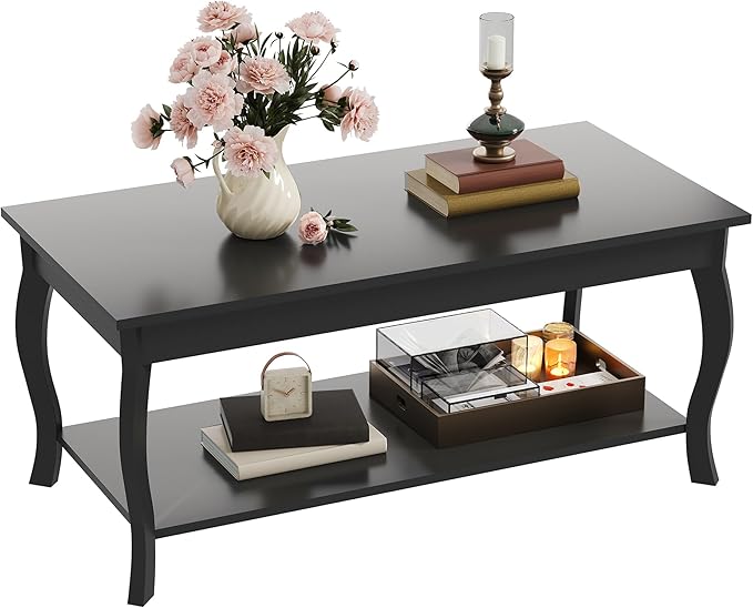 ChooChoo Coffee Table, Modern Center Table with Curved Legs and Storage Shelf, 39" Coffee Table for Living Room, Black
