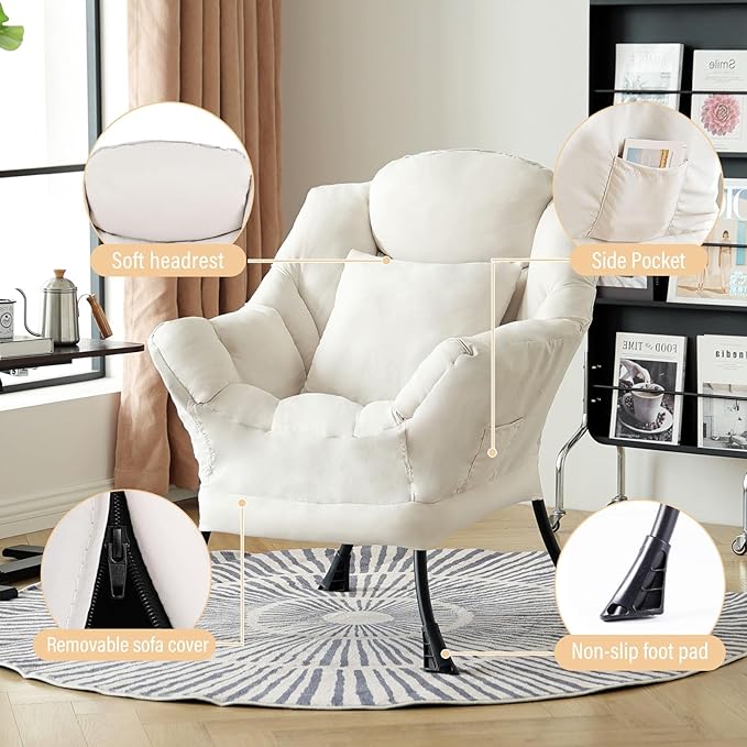 Lazy Chair with Pillow for Living Room, Modern Lounge Accent Chair with Armrests, Leisure Sofa Chair Set, Reading Chair for, Bedroom, Dorm Room, Office, Beige