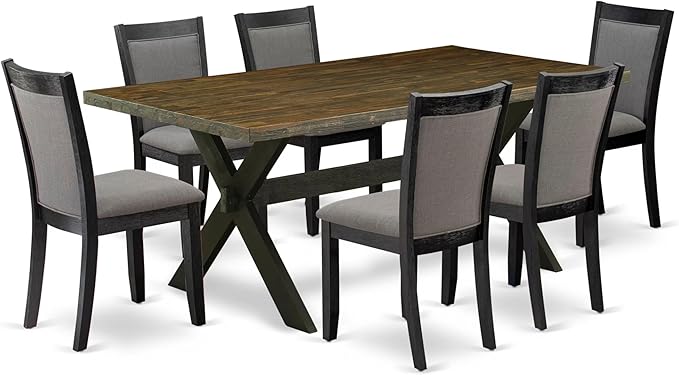 East West Furniture X677MZ650-7 7 Piece Kitchen Table & Chairs Set Consist of a Rectangle Dining Table with X-Legs and 6 Dark Gotham Grey Linen Fabric Parson Chairs, 40x72 Inch, Multi-Color