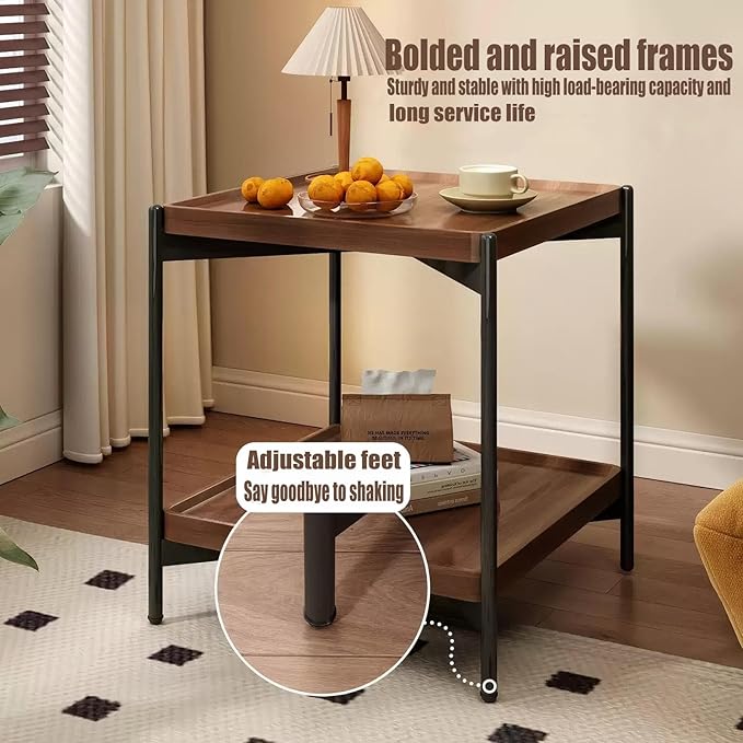 Solid Wood Nightstand with 2-Tier Storage Shelf - Versatile Bedside Table, Sofa Side Desk & Compact Coffee Table for Small Spaces, Space-Saving Design for Living Room/Bedroom (Walnut Finish)