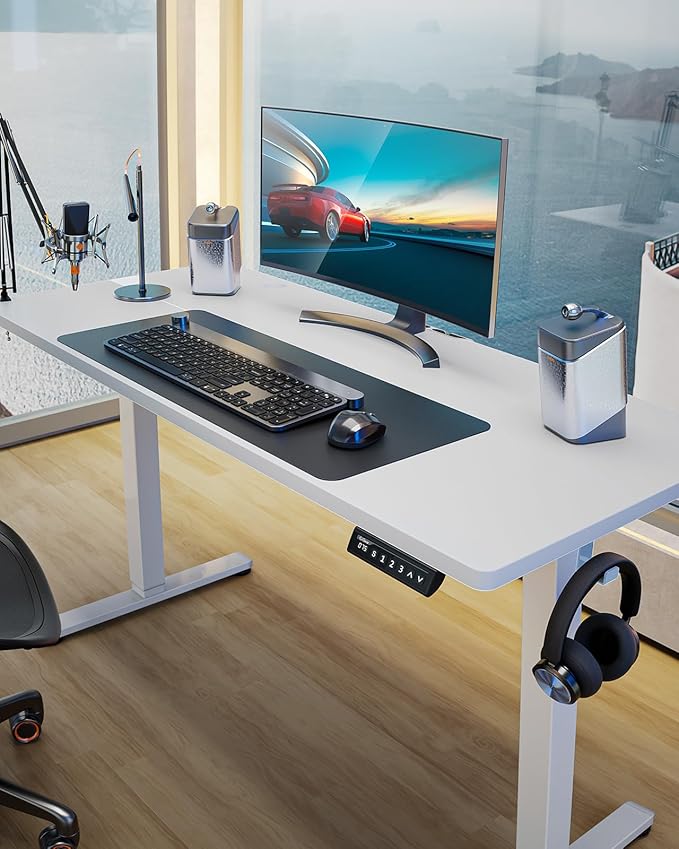 ErGear Height Adjustable Electric Standing Desk, 63 x 28 Inches Sit Stand up Desk, Large Memory Computer Home Office Desk with Two-Piece Desktop (White)