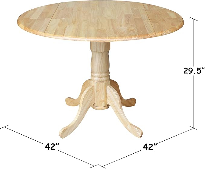 IC International Concepts, 42" Round Dual Drop Leaf Pedestal Dining Table, Solid Real Wood, Sturdy Parawood, Natural