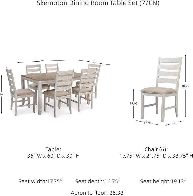 Signature Design by Ashley Skempton Cottage Dining Room Table Set with 6 Upholstered Chairs, Whitewash