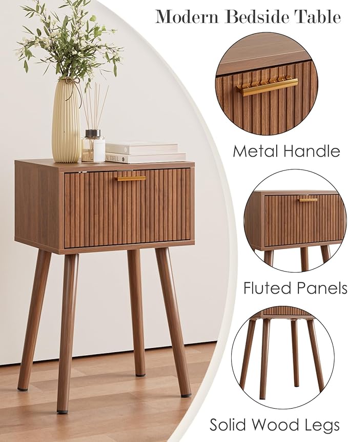 Night Stand, Walnut Nightstand with Fluted Door, Small Modern Mid-Century Bedside Table for Bedroom, End Table for Living Room