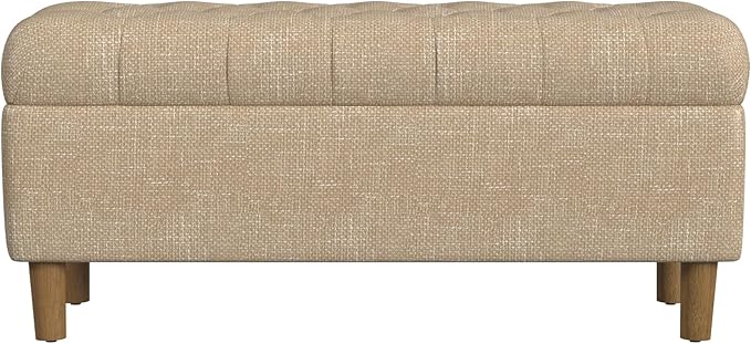 HomePop Home Decor | Tufted Ainsley Button Storage Ottoman Bench with Hinged Lid | Ottoman Bench with Storage for Living Room & Bedroom, Light Tan Textured Solid
