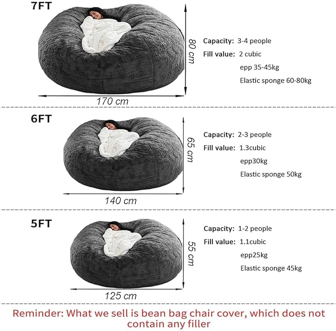 Bean Bag Chair Cover for Adults Kids Comfy Fluffy Giant Round Beanbag Cover Floor Chair Cover for Stuffed Animals Storage, 7FT, Black
